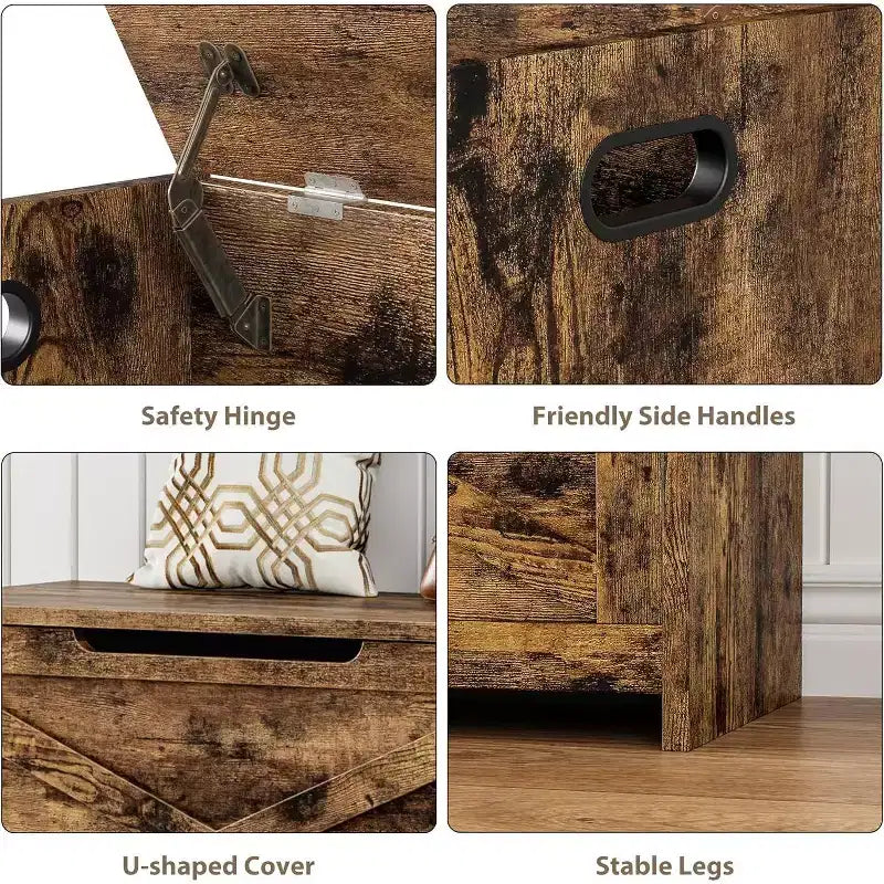 Banc de rangement de 119 cm avec charnière de sécurité, grande malle à jouets en bois pour chambre ou entrée