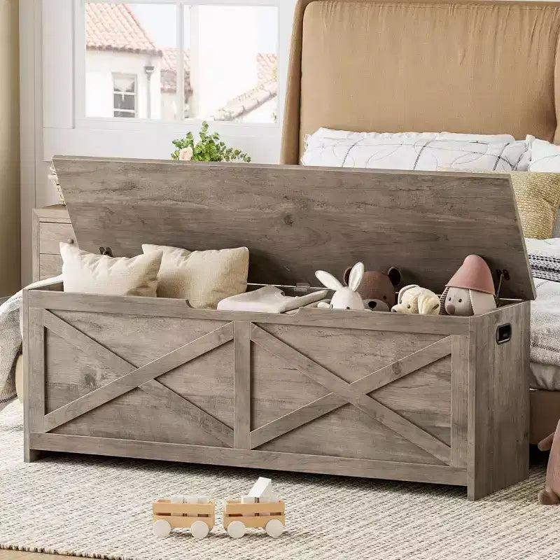 Banc de rangement de 119 cm avec charnière de sécurité, grande malle à jouets en bois pour chambre ou entrée