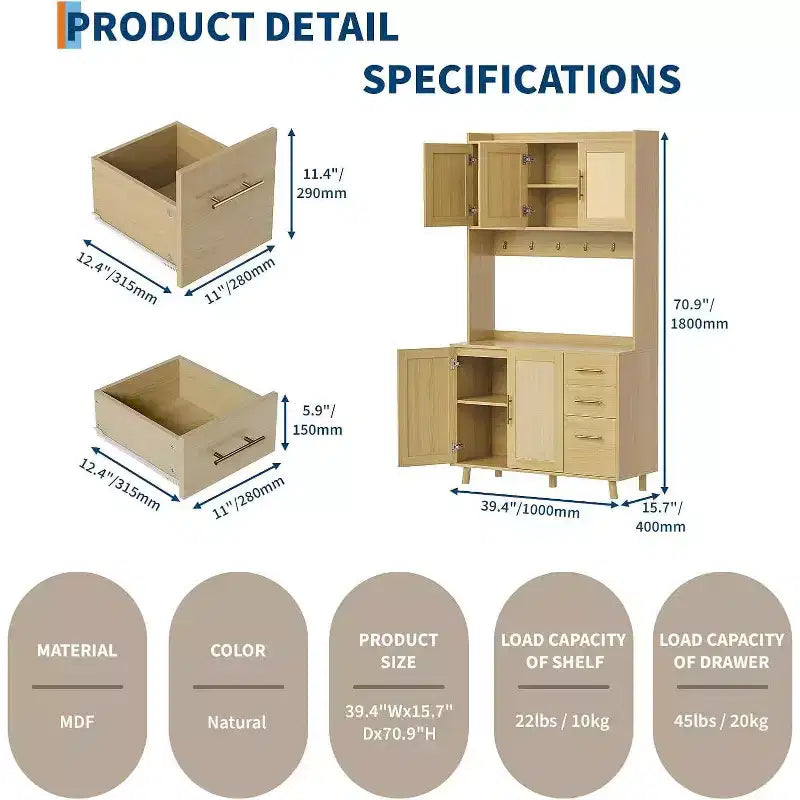 Meuble de cuisine haut en rotin de 180 cm, armoire de rangement bohème avec étagère micro-ondes, tiroirs, crochets, rangement pour salle à manger, naturel