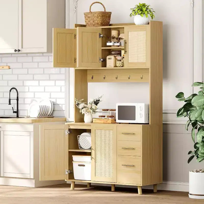 Meuble de cuisine haut en rotin de 180 cm, armoire de rangement bohème avec étagère micro-ondes, tiroirs, crochets, rangement pour salle à manger, naturel