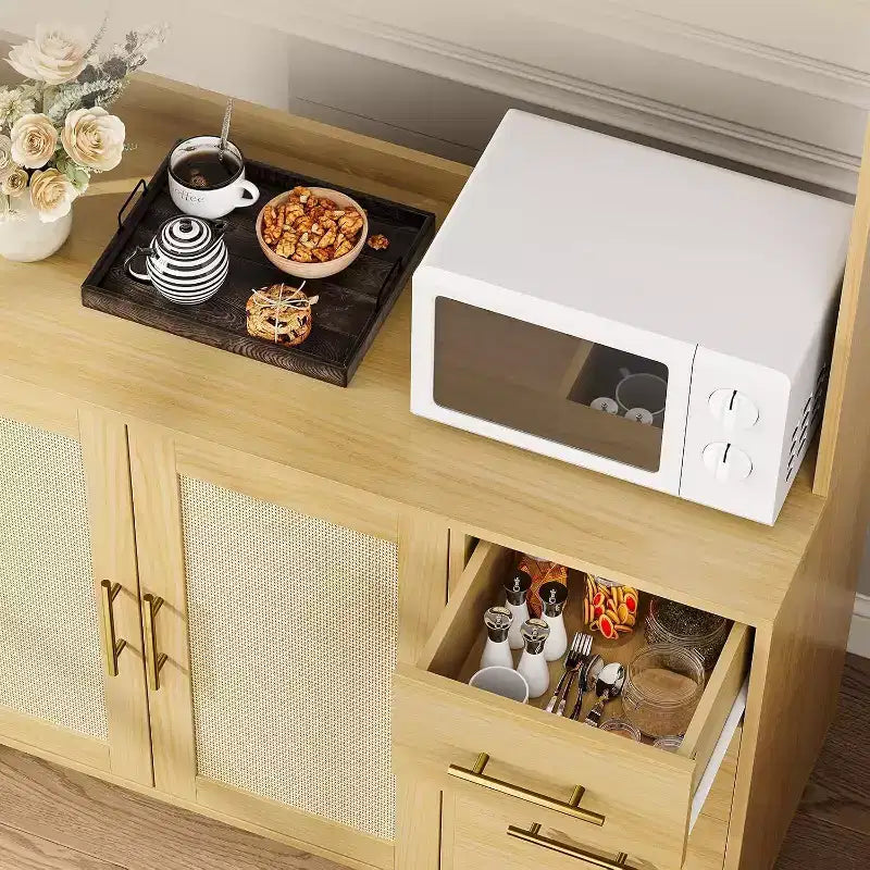 Meuble de cuisine haut en rotin de 180 cm, armoire de rangement bohème avec étagère micro-ondes, tiroirs, crochets, rangement pour salle à manger, naturel