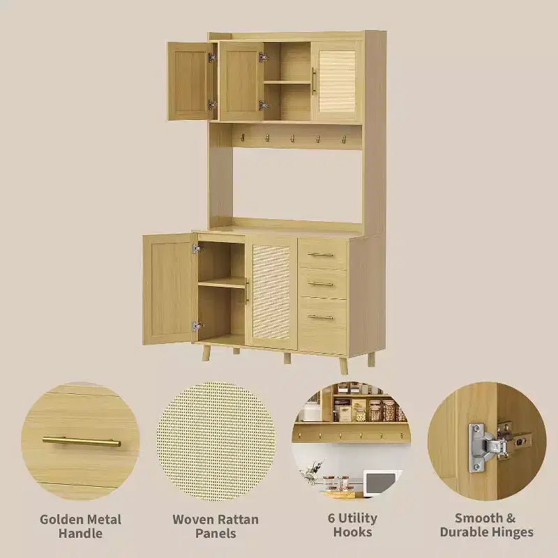 Meuble de cuisine haut en rotin de 180 cm, armoire de rangement bohème avec étagère micro-ondes, tiroirs, crochets, rangement pour salle à manger, naturel