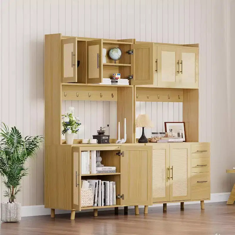 Meuble de cuisine haut en rotin de 180 cm, armoire de rangement bohème avec étagère micro-ondes, tiroirs, crochets, rangement pour salle à manger, naturel