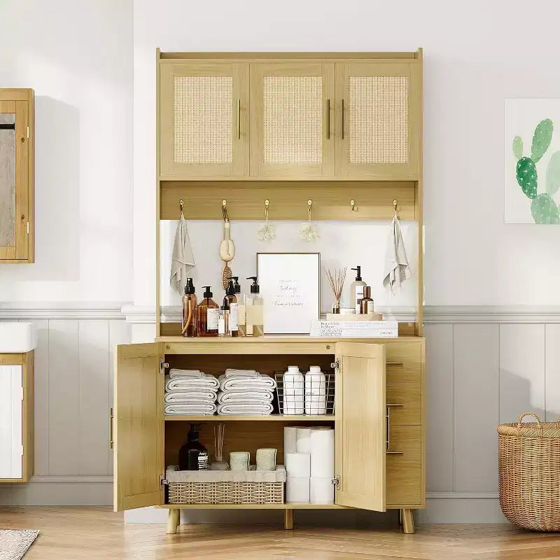 Meuble de cuisine haut en rotin de 180 cm, armoire de rangement bohème avec étagère micro-ondes, tiroirs, crochets, rangement pour salle à manger, naturel