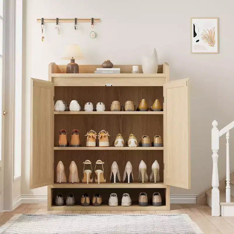 Meuble de rangement pour chaussures 5 niveaux en rotin avec 2 portes, organisateur en bois réglable pour entrée, couloir, salon, naturel