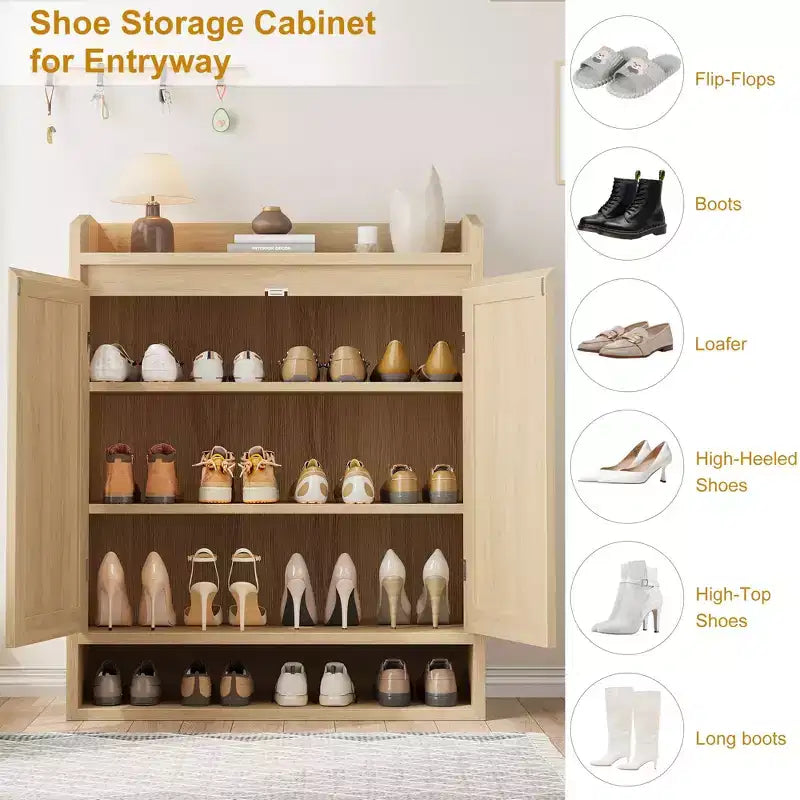 Meuble de rangement pour chaussures 5 niveaux en rotin avec 2 portes, organisateur en bois réglable pour entrée, couloir, salon, naturel