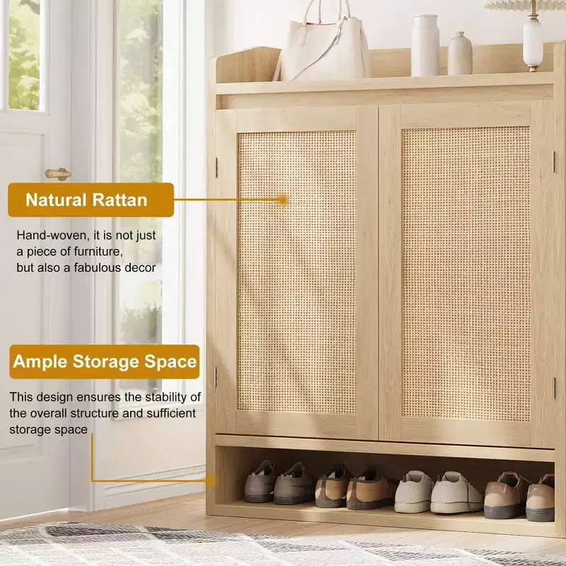 Meuble de rangement pour chaussures 5 niveaux en rotin avec 2 portes, organisateur en bois réglable pour entrée, couloir, salon, naturel