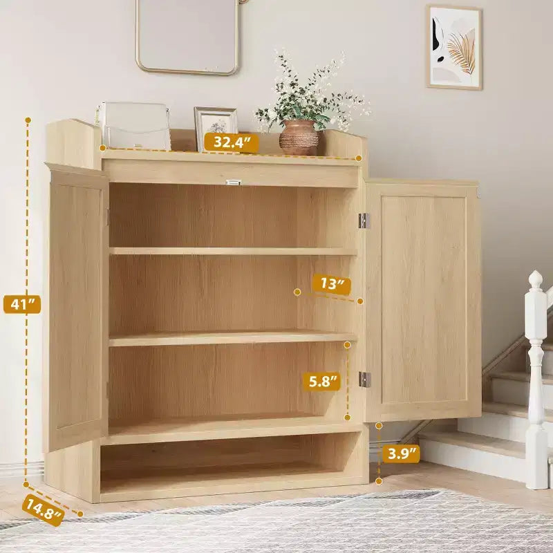 Meuble de rangement pour chaussures 5 niveaux en rotin avec 2 portes, organisateur en bois réglable pour entrée, couloir, salon, naturel