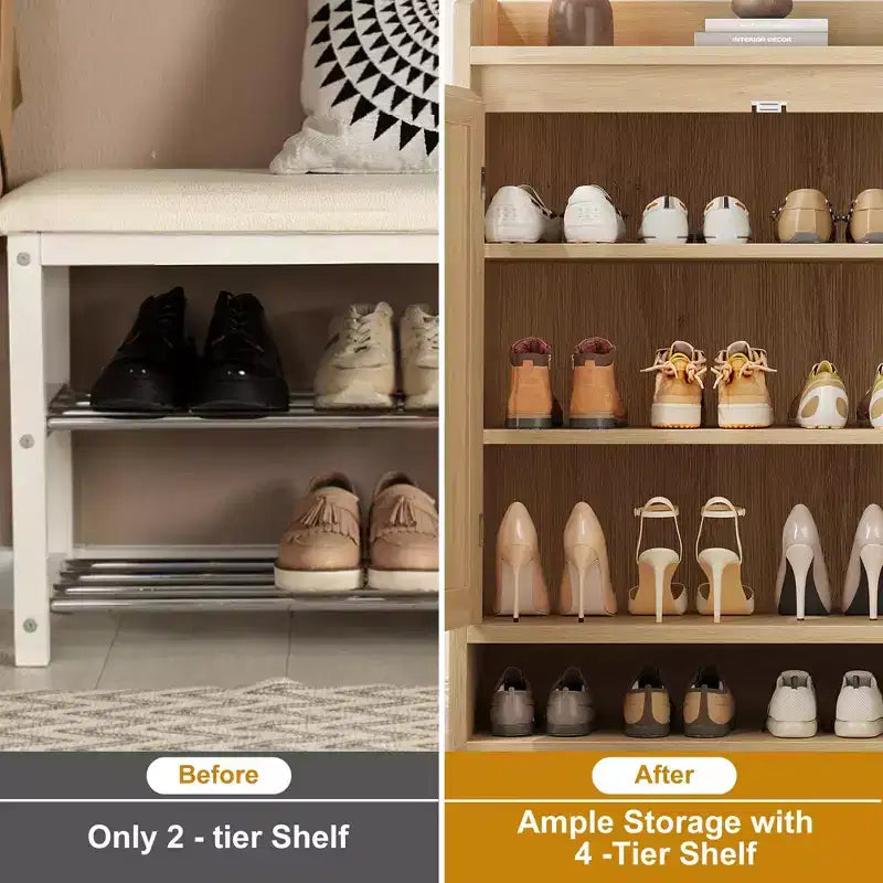 Meuble de rangement pour chaussures 5 niveaux en rotin avec 2 portes, organisateur en bois réglable pour entrée, couloir, salon, naturel