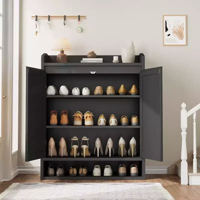 Meuble de rangement pour chaussures 5 niveaux en rotin avec 2 portes, organisateur en bois réglable pour entrée, couloir, salon, naturel