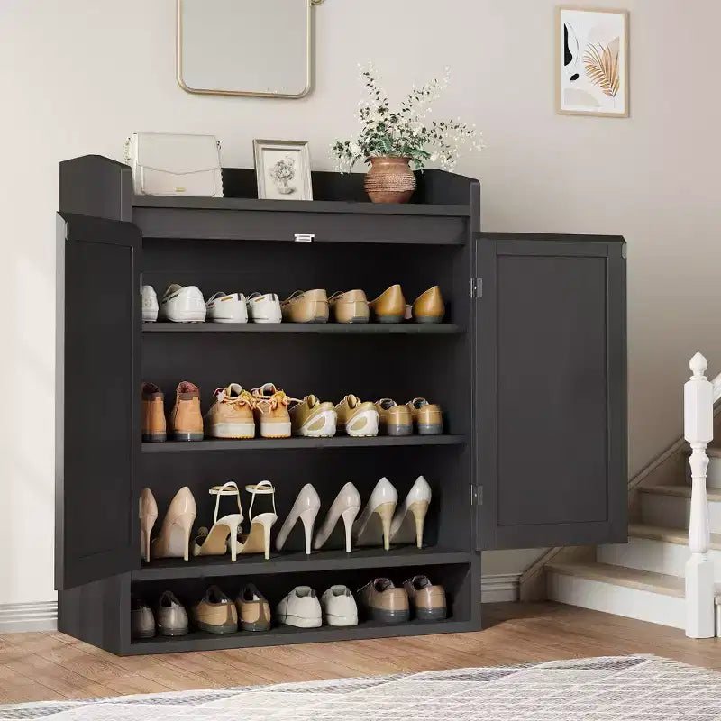 Meuble de rangement pour chaussures 5 niveaux en rotin avec 2 portes, organisateur en bois réglable pour entrée, couloir, salon, naturel