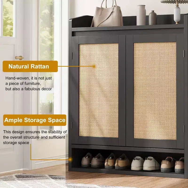 Meuble de rangement pour chaussures 5 niveaux en rotin avec 2 portes, organisateur en bois réglable pour entrée, couloir, salon, naturel