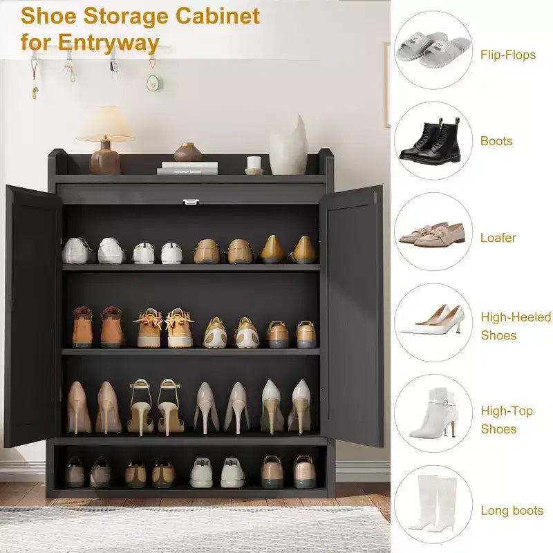 Meuble de rangement pour chaussures 5 niveaux en rotin avec 2 portes, organisateur en bois réglable pour entrée, couloir, salon, naturel