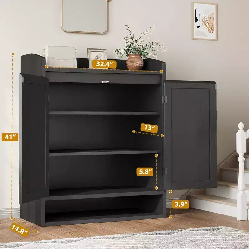 Meuble de rangement pour chaussures 5 niveaux en rotin avec 2 portes, organisateur en bois réglable pour entrée, couloir, salon, naturel