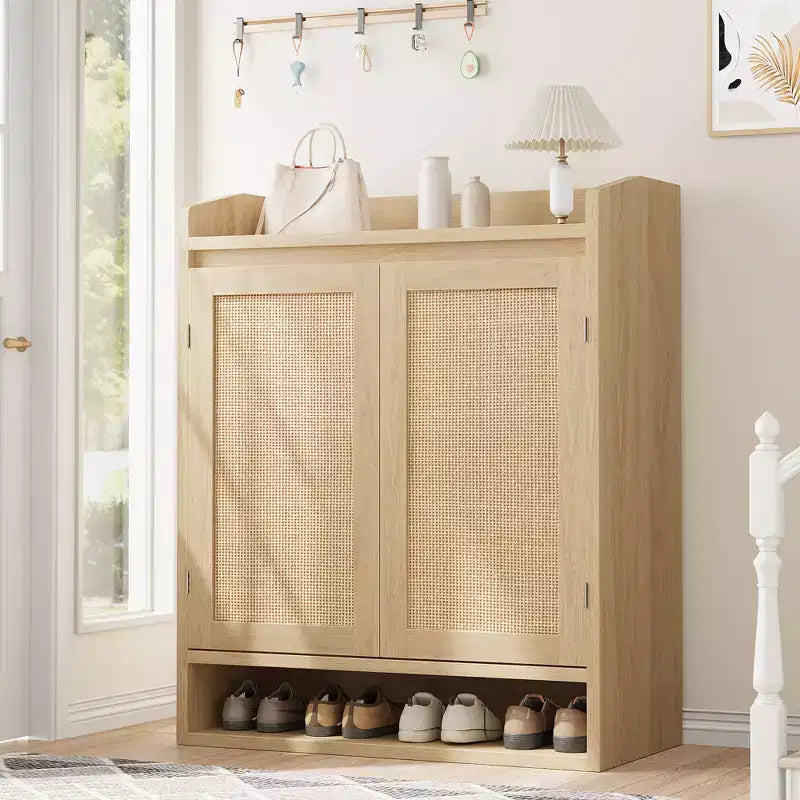 Meuble de rangement pour chaussures 5 niveaux en rotin avec 2 portes, organisateur en bois réglable pour entrée, couloir, salon, naturel