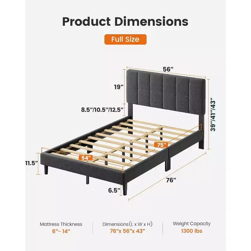 Cadre de lit double avec 12 pieds renforcés et tête de lit en tissu rembourré, supporte 590 kg, facile à assembler