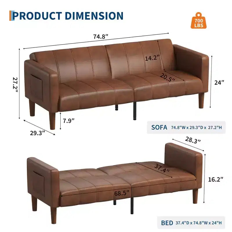 Canapé-lit futon convertible de 75 po, causeuse en cuir PU avec dossier réglable, poches latérales, canapé-lit peu encombrant, marron