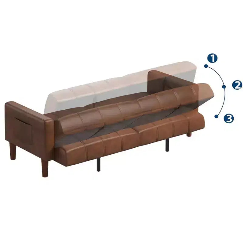 Canapé-lit futon convertible de 75 po, causeuse en cuir PU avec dossier réglable, poches latérales, canapé-lit peu encombrant, marron