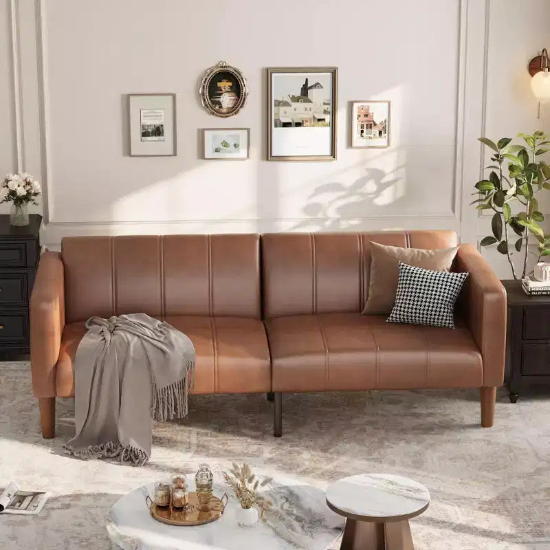Canapé-lit futon convertible de 75 po, causeuse en cuir PU avec dossier réglable, poches latérales, canapé-lit peu encombrant, marron