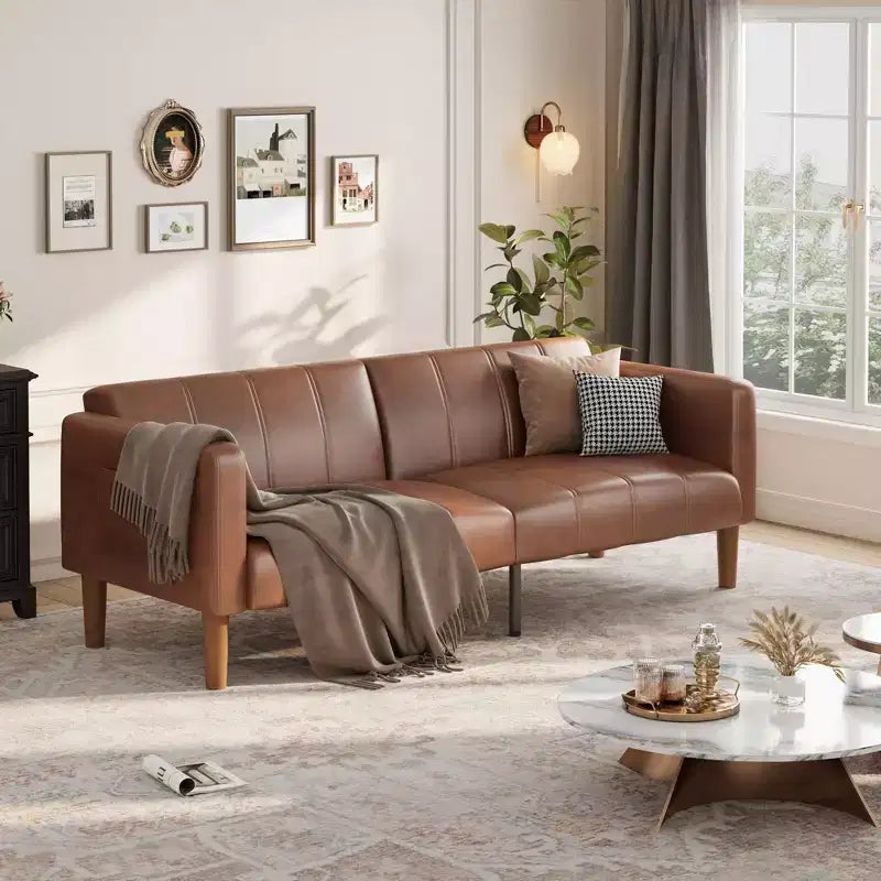 Canapé-lit futon convertible de 75 po, causeuse en cuir PU avec dossier réglable, poches latérales, canapé-lit peu encombrant, marron