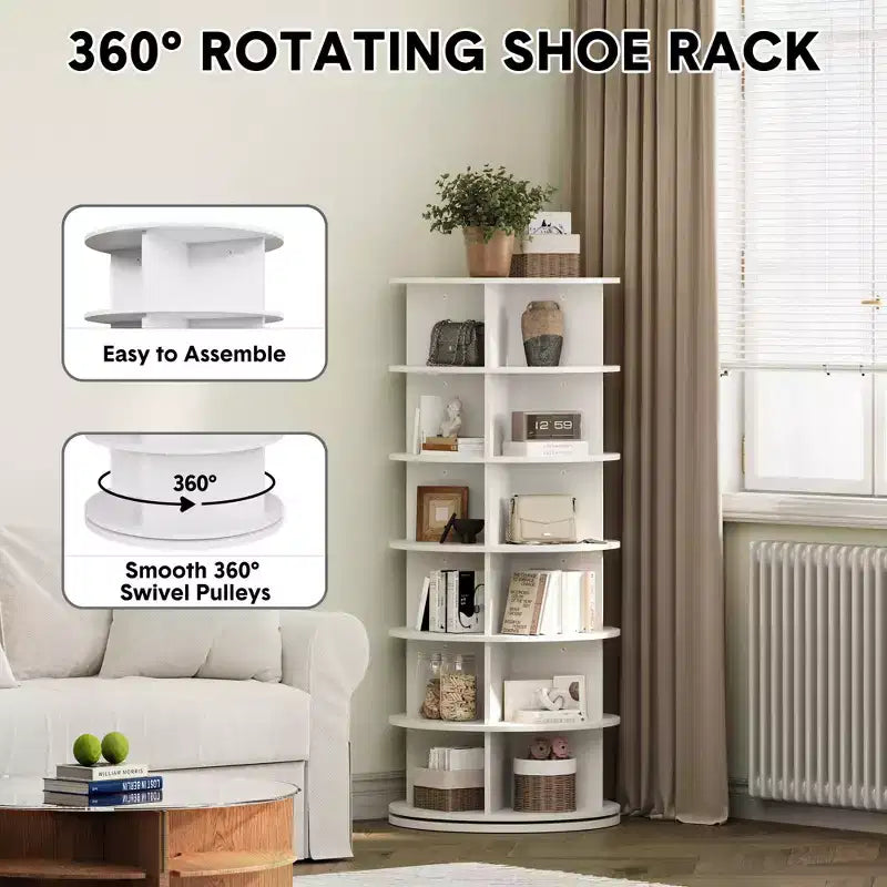 Étagère à chaussures rotative à 6 niveaux, organisateur de chaussures rotatif à 360° blanc pour entrée/salon (1 pièce)