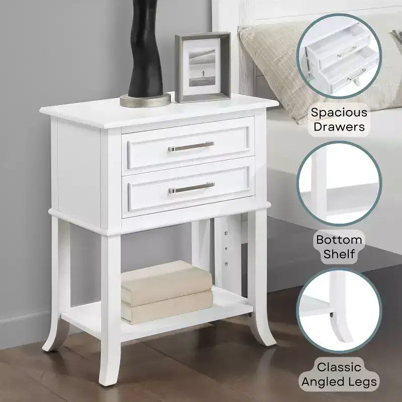 Table d'appoint rectangulaire en bois blanc de 73 cm de haut avec 2 tiroirs et une étagère, 1 pièce