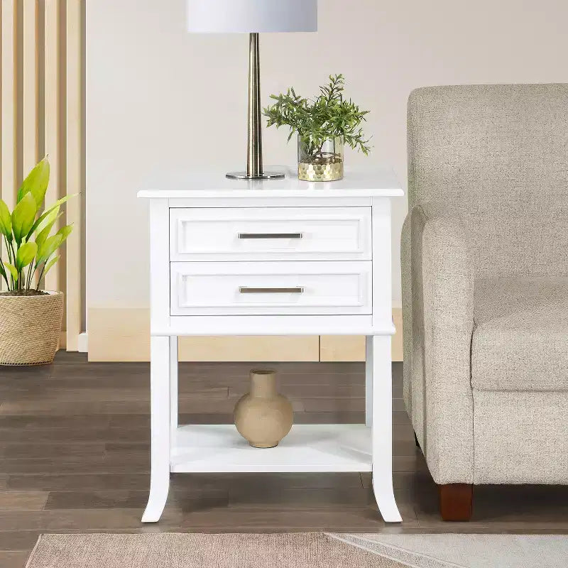 Table d'appoint rectangulaire en bois blanc de 73 cm de haut avec 2 tiroirs et une étagère, 1 pièce