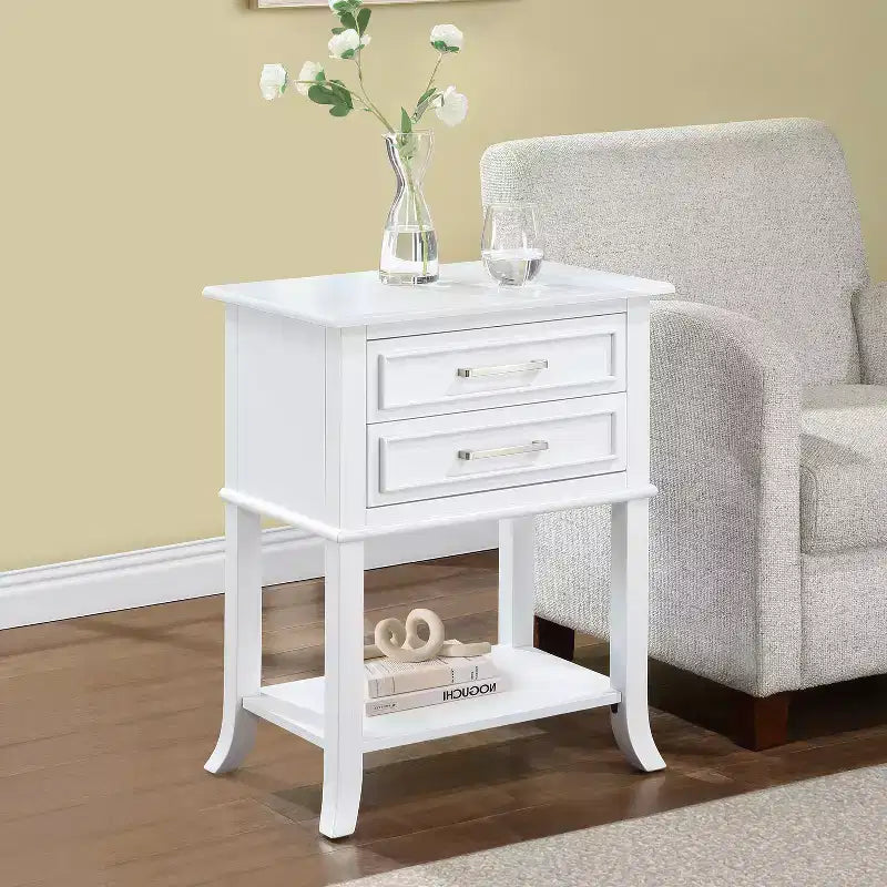 Table d'appoint rectangulaire en bois blanc de 73 cm de haut avec 2 tiroirs et une étagère, 1 pièce