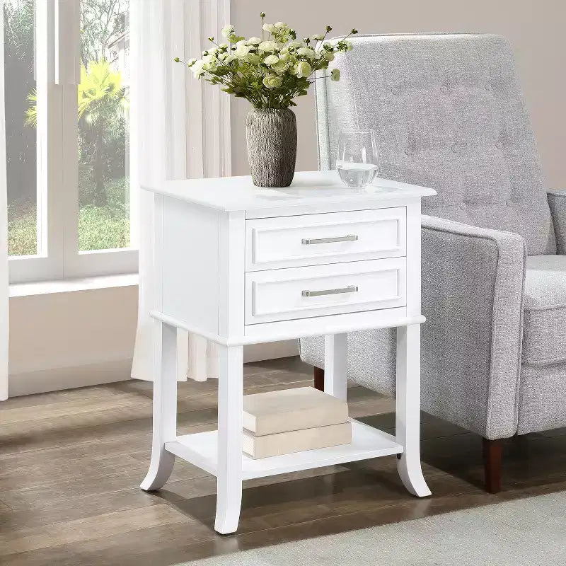 Table d'appoint rectangulaire en bois blanc de 73 cm de haut avec 2 tiroirs et une étagère, 1 pièce
